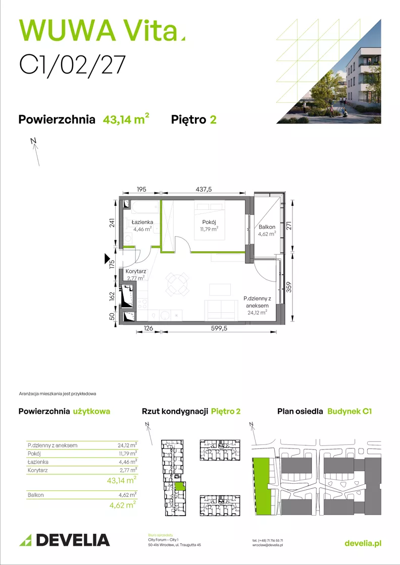 2 pokoje, mieszkanie 43,14 m², piętro 2, oferta nr C1/02/27, WUWA Vita III, Wrocław, Żerniki, Fabryczna, ul. Maya