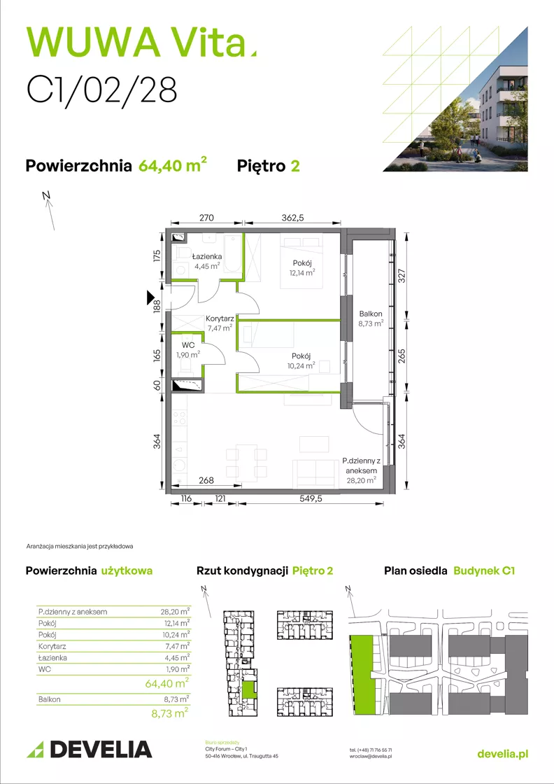 3 pokoje, mieszkanie 64,40 m², piętro 2, oferta nr C1/02/28, WUWA Vita III, Wrocław, Żerniki, Fabryczna, ul. Maya