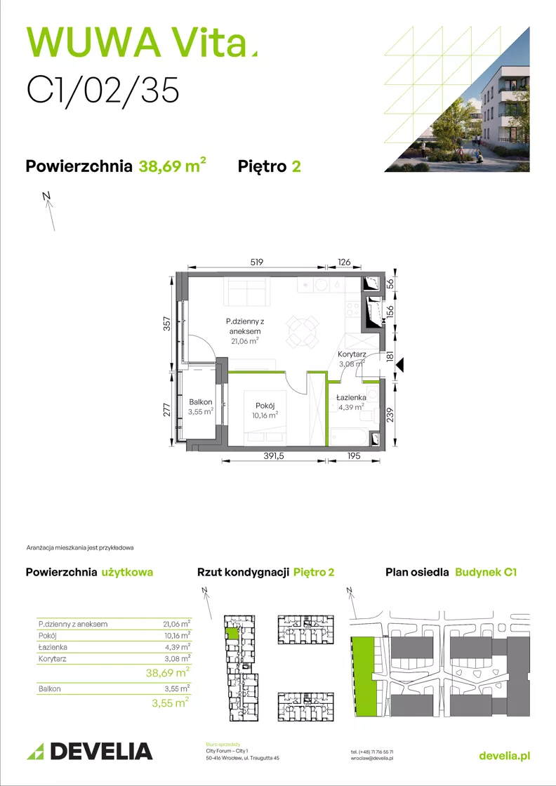 2 pokoje, mieszkanie 38,69 m², piętro 2, oferta nr C1/02/35, WUWA Vita III, Wrocław, Żerniki, Fabryczna, ul. Maya