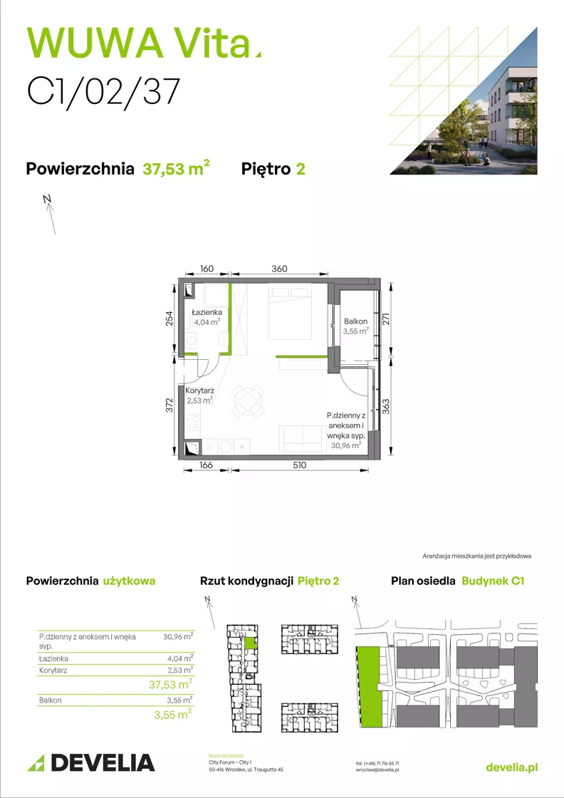 1 pokój, mieszkanie 37,53 m², piętro 2, oferta nr C1/02/37, WUWA Vita III, Wrocław, Żerniki, Fabryczna, ul. Maya