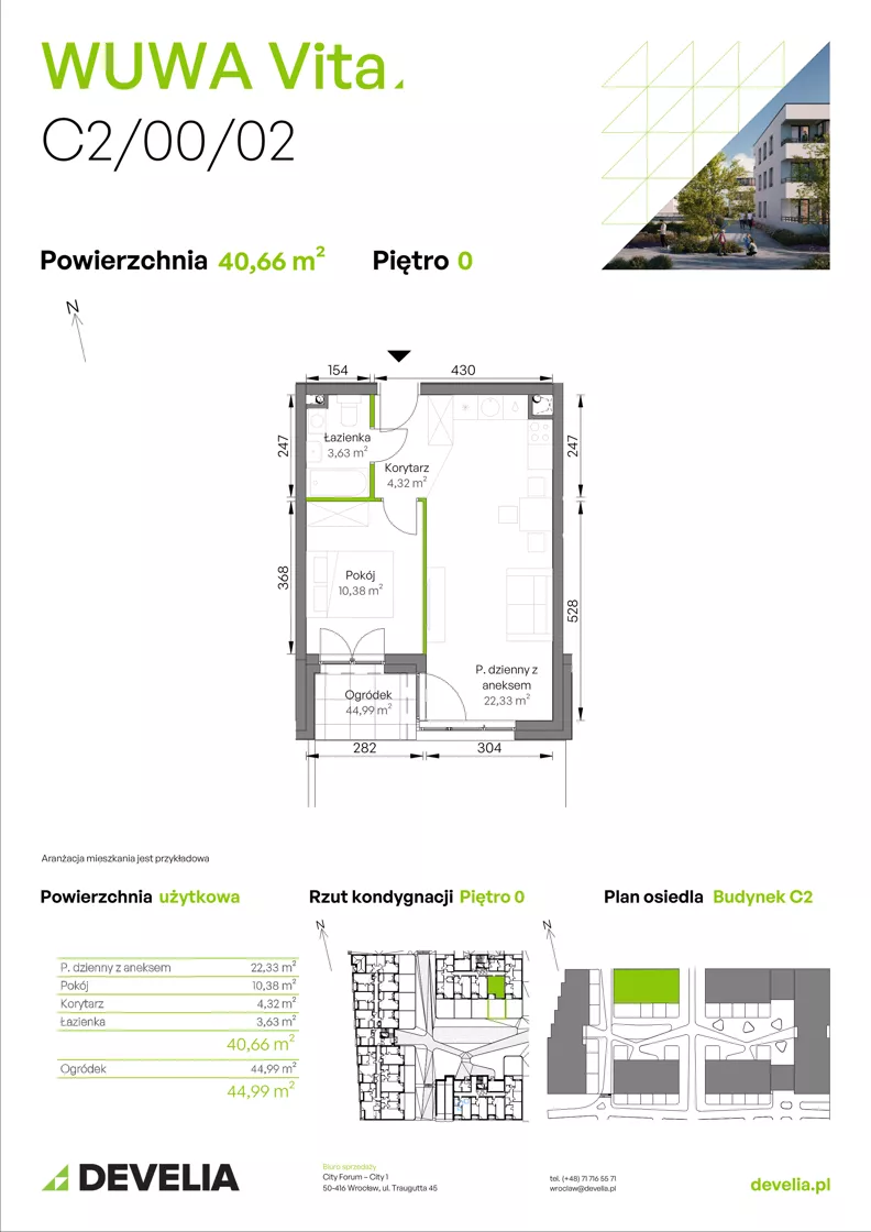 2 pokoje, mieszkanie 40,66 m², parter, oferta nr C2/00/02, WUWA Vita III, Wrocław, Żerniki, Fabryczna, ul. Maya