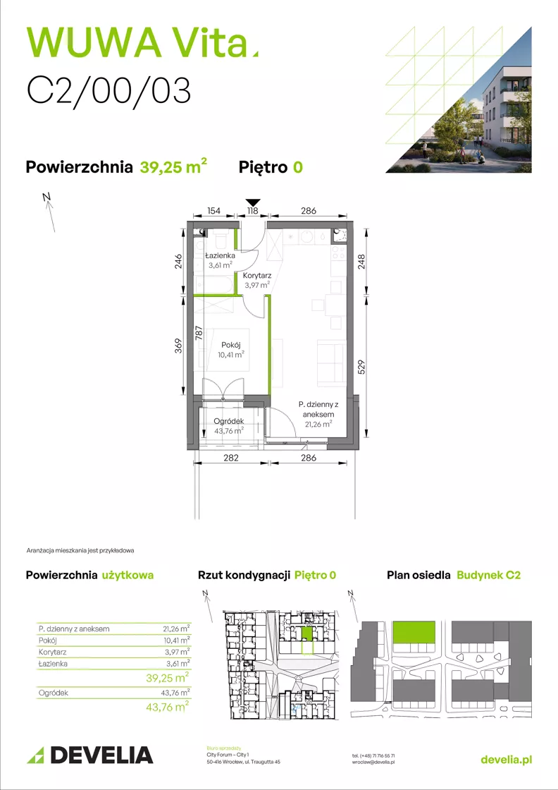 2 pokoje, mieszkanie 39,25 m², parter, oferta nr C2/00/03, WUWA Vita III, Wrocław, Żerniki, Fabryczna, ul. Maya