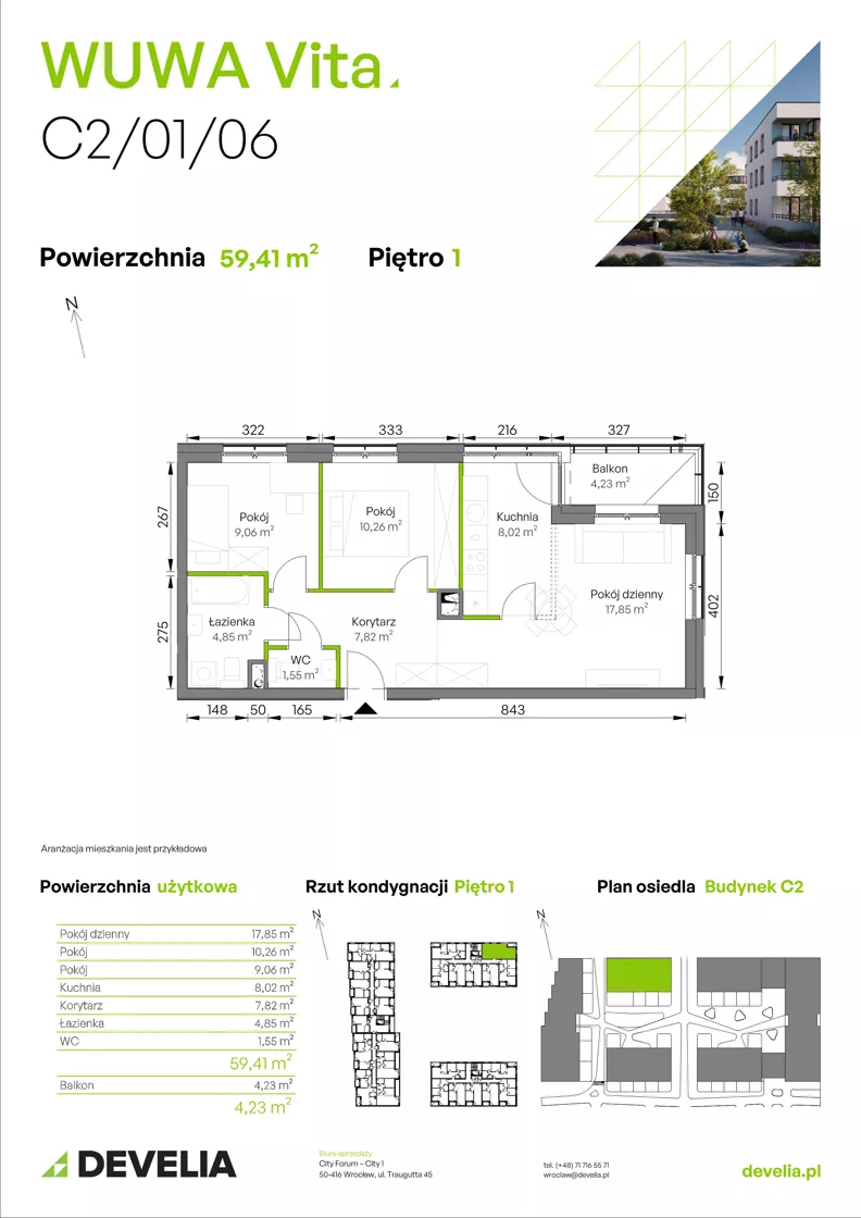 3 pokoje, mieszkanie 59,41 m², piętro 1, oferta nr C2/01/06, WUWA Vita III, Wrocław, Żerniki, Fabryczna, ul. Maya