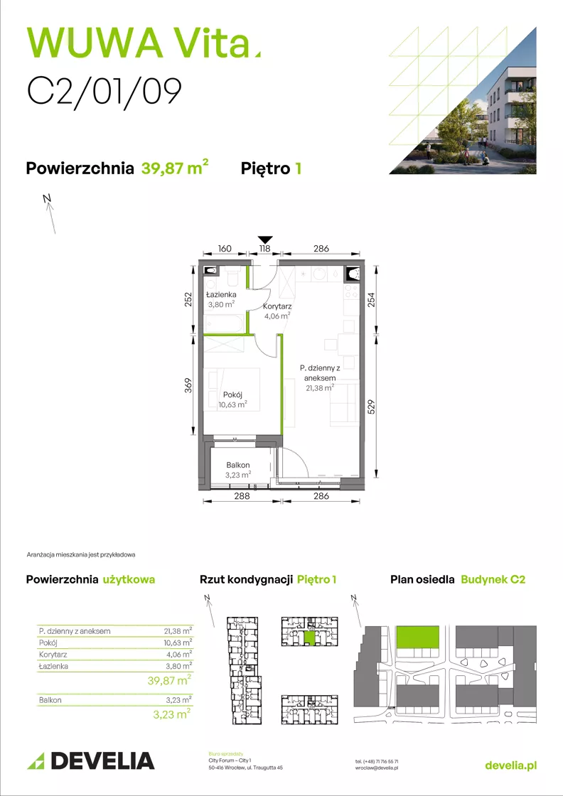 2 pokoje, mieszkanie 39,87 m², piętro 1, oferta nr C2/01/09, WUWA Vita III, Wrocław, Żerniki, Fabryczna, ul. Maya