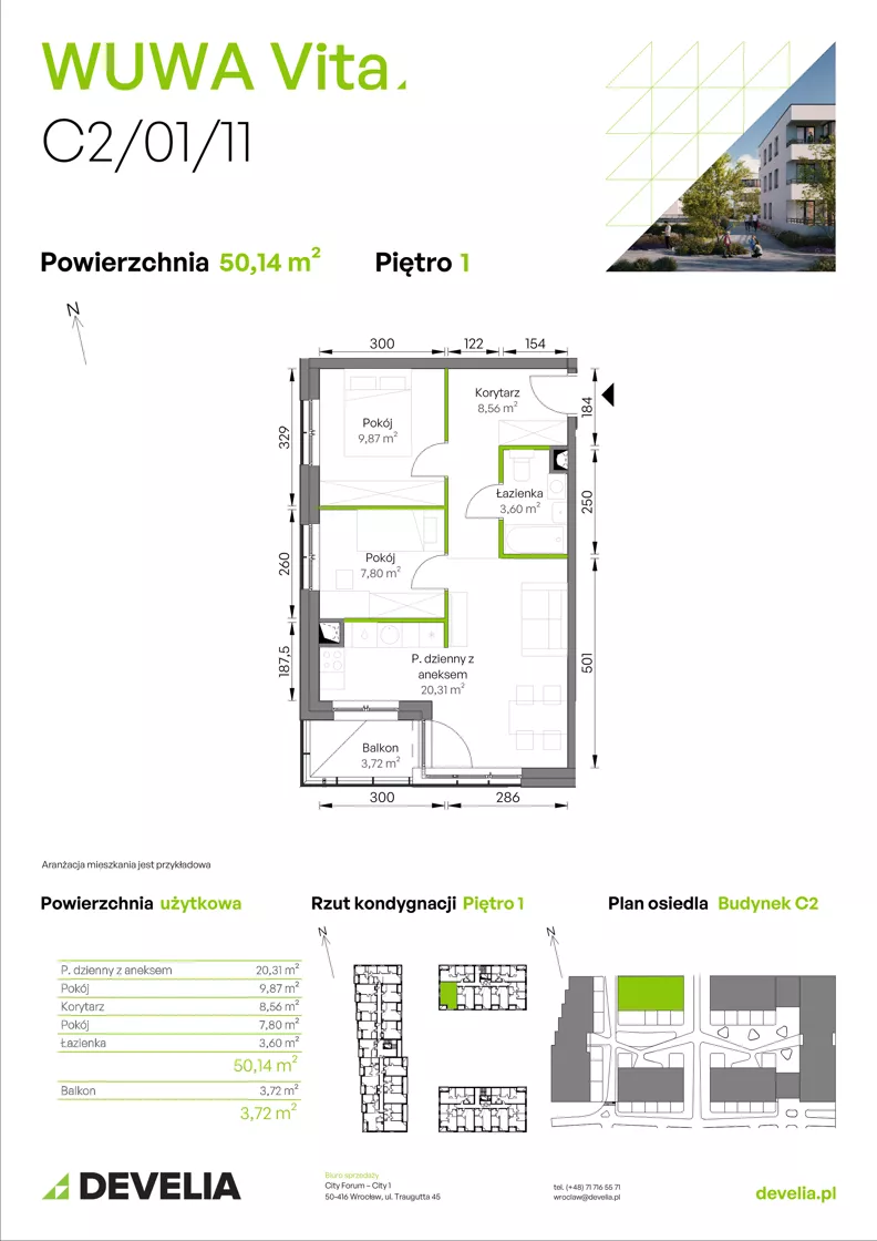 3 pokoje, mieszkanie 50,14 m², piętro 1, oferta nr C2/01/11, WUWA Vita III, Wrocław, Żerniki, Fabryczna, ul. Maya