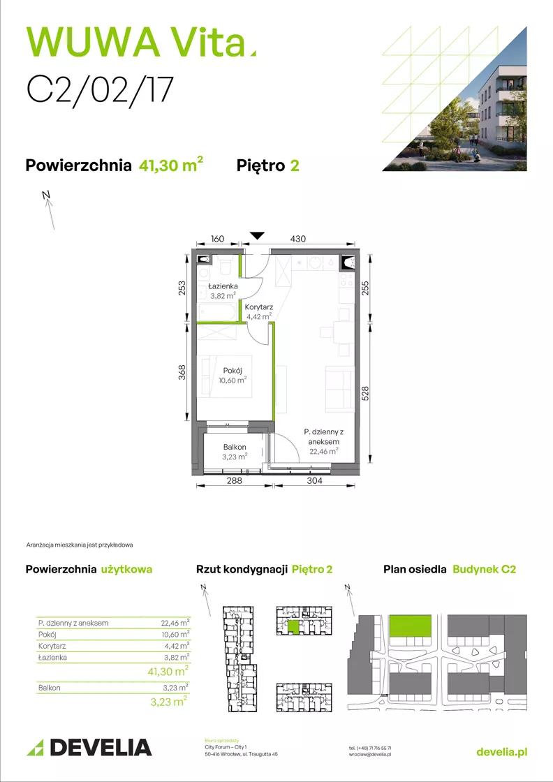2 pokoje, mieszkanie 41,30 m², piętro 2, oferta nr C2/02/17, WUWA Vita III, Wrocław, Żerniki, Fabryczna, ul. Maya