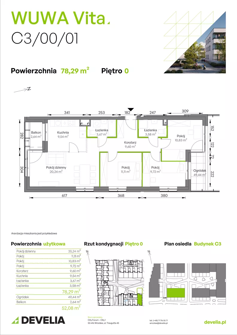 4 pokoje, mieszkanie 78,29 m², parter, oferta nr C3/00/01, WUWA Vita III, Wrocław, Żerniki, Fabryczna, ul. Maya