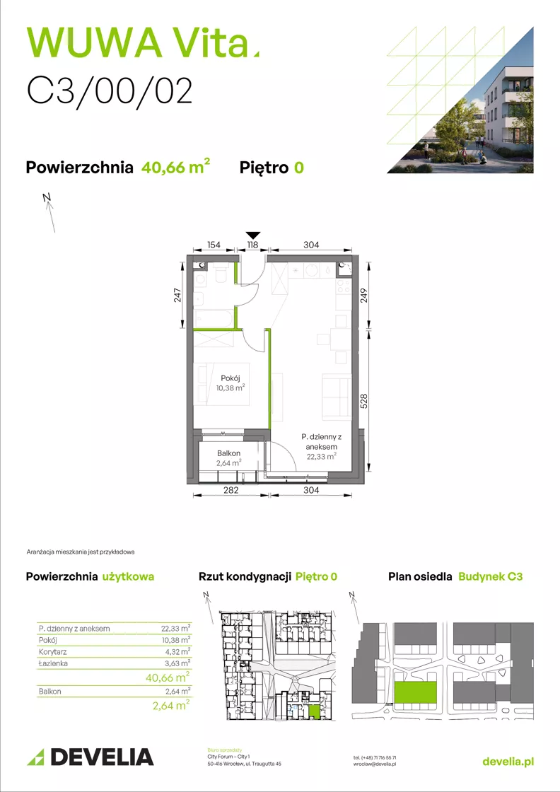 2 pokoje, mieszkanie 40,66 m², parter, oferta nr C3/00/02, WUWA Vita III, Wrocław, Żerniki, Fabryczna, ul. Maya