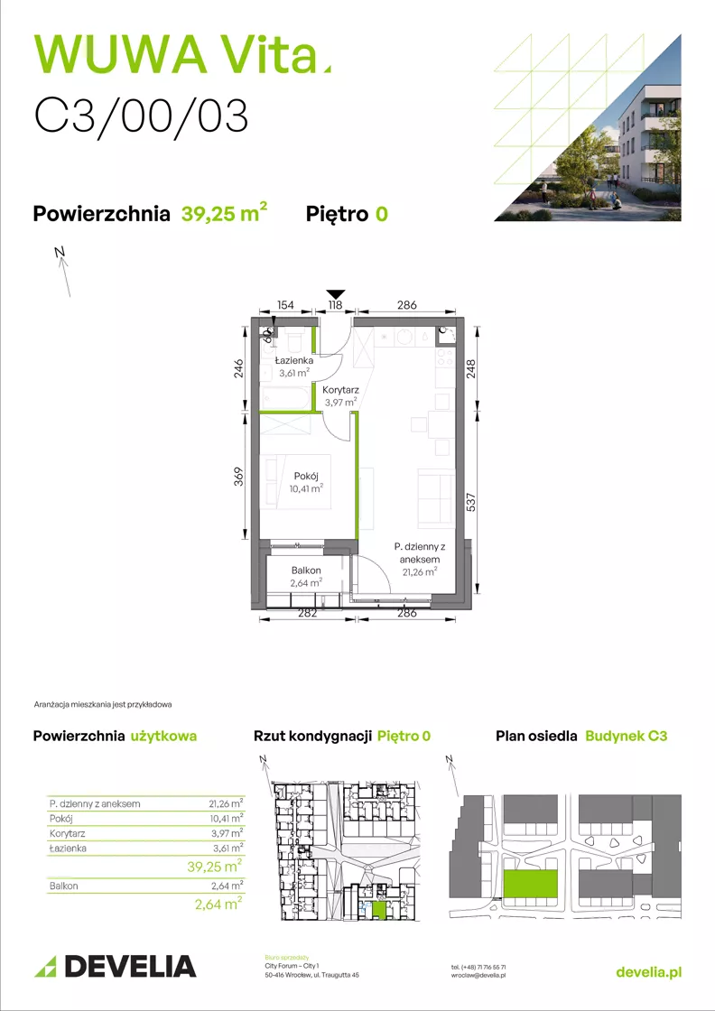 2 pokoje, mieszkanie 39,25 m², parter, oferta nr C3/00/03, WUWA Vita III, Wrocław, Żerniki, Fabryczna, ul. Maya