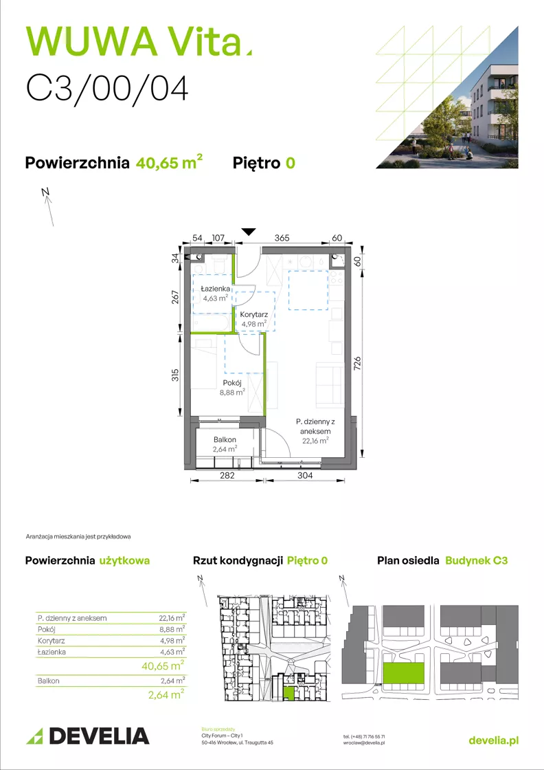 2 pokoje, mieszkanie 40,65 m², parter, oferta nr C3/00/04, WUWA Vita III, Wrocław, Żerniki, Fabryczna, ul. Maya