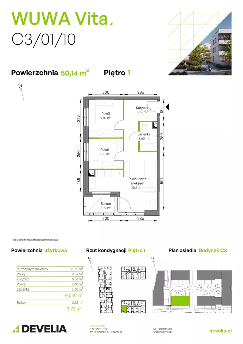 3 pokoje, mieszkanie 50,14 m², piętro 1, oferta nr C3/01/10, WUWA Vita III, Wrocław, Żerniki, Fabryczna, ul. Maya