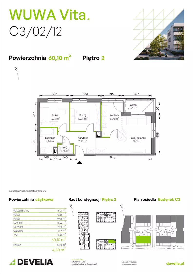 3 pokoje, mieszkanie 60,10 m², piętro 2, oferta nr C3/02/12, WUWA Vita III, Wrocław, Żerniki, Fabryczna, ul. Maya