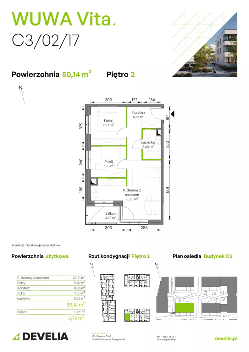 3 pokoje, mieszkanie 50,14 m², piętro 2, oferta nr C3/02/17, WUWA Vita III, Wrocław, Żerniki, Fabryczna, ul. Maya