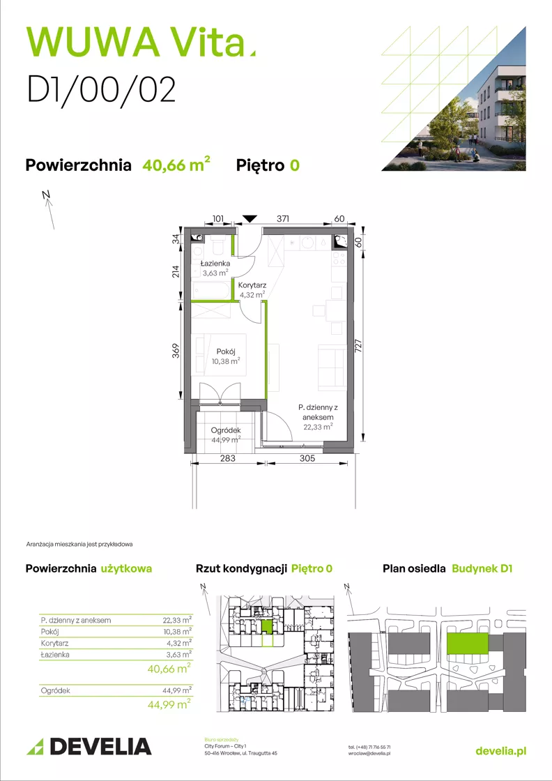 2 pokoje, mieszkanie 40,66 m², parter, oferta nr D1/00/02, WUWA Vita III, Wrocław, Żerniki, Fabryczna, ul. Maya