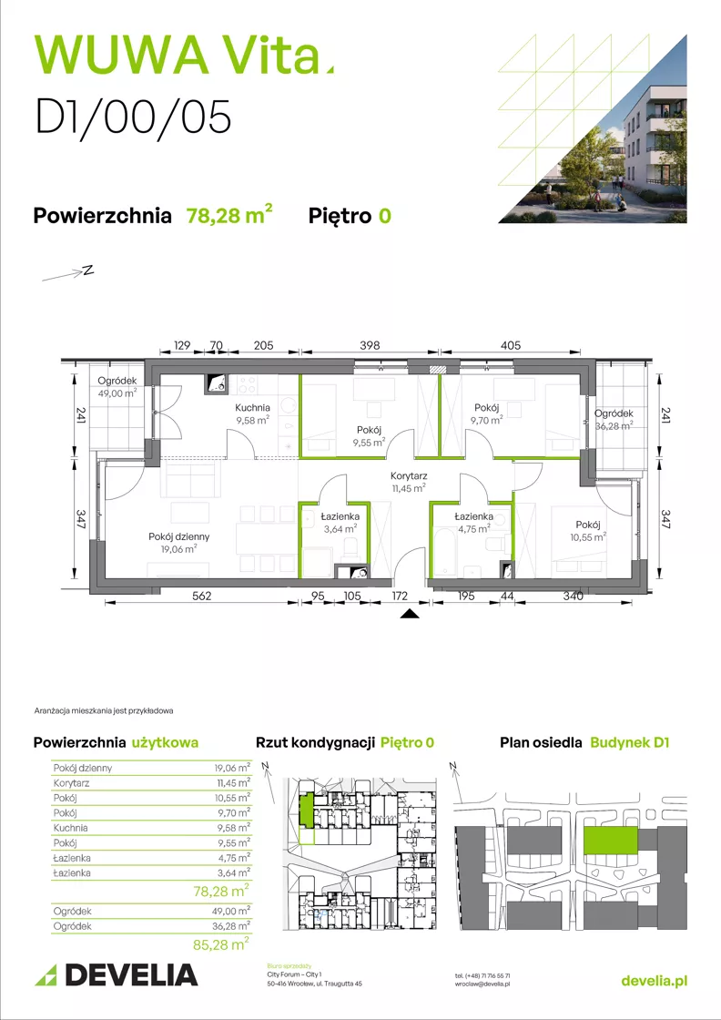 4 pokoje, mieszkanie 78,28 m², parter, oferta nr D1/00/05, WUWA Vita III, Wrocław, Żerniki, Fabryczna, ul. Maya