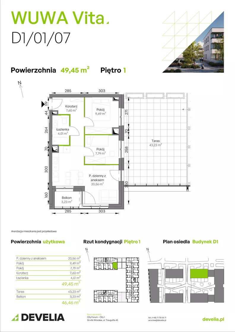 3 pokoje, mieszkanie 49,45 m², piętro 1, oferta nr D1/01/07, WUWA Vita III, Wrocław, Żerniki, Fabryczna, ul. Maya