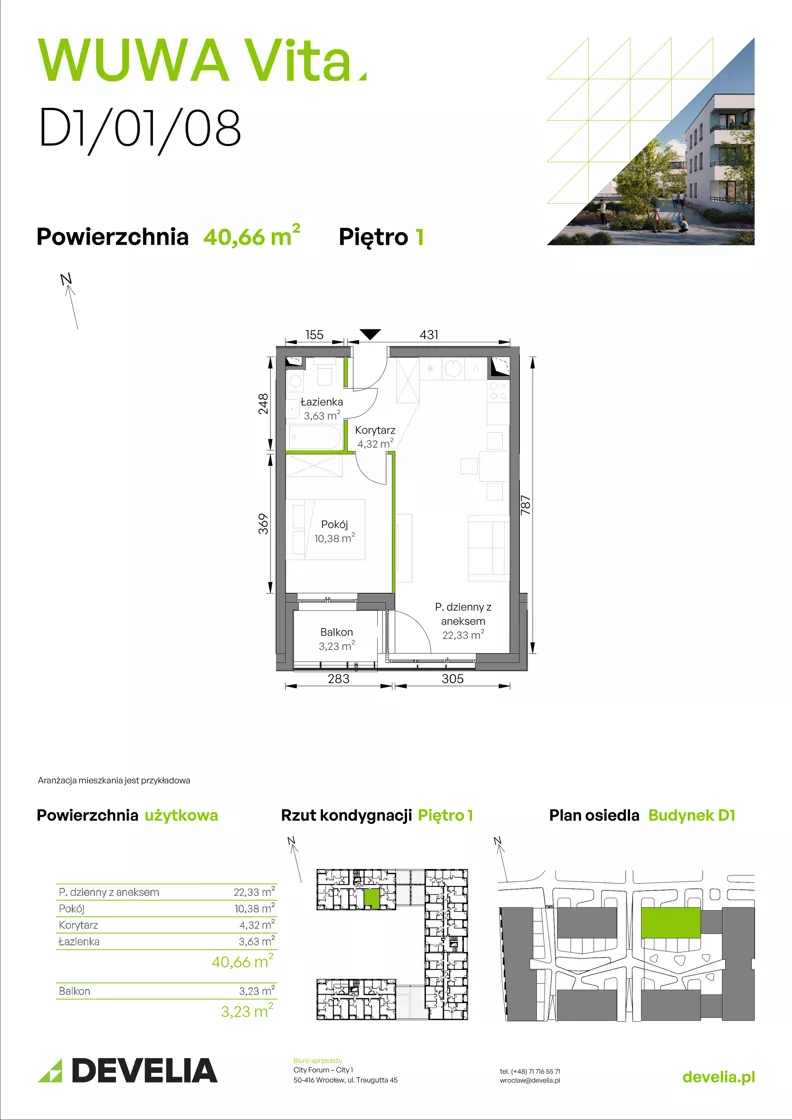 2 pokoje, mieszkanie 40,66 m², piętro 1, oferta nr D1/01/08, WUWA Vita III, Wrocław, Żerniki, Fabryczna, ul. Maya