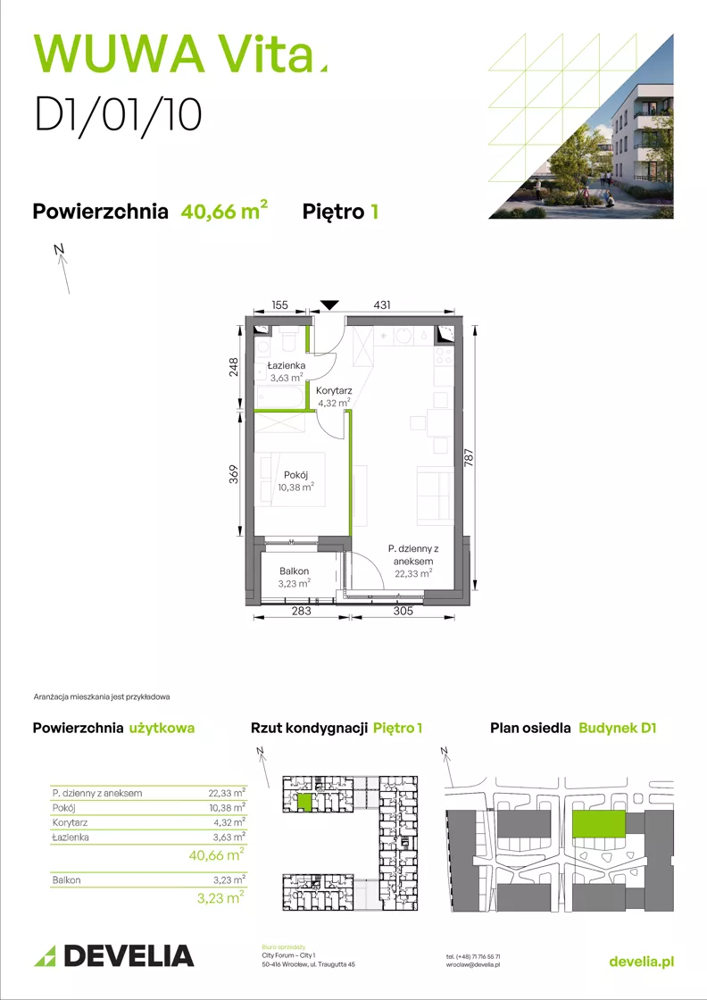 2 pokoje, mieszkanie 40,66 m², piętro 1, oferta nr D1/01/10, WUWA Vita III, Wrocław, Żerniki, Fabryczna, ul. Maya
