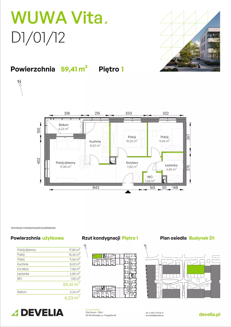 3 pokoje, mieszkanie 59,41 m², piętro 1, oferta nr D1/01/12, WUWA Vita III, Wrocław, Żerniki, Fabryczna, ul. Maya