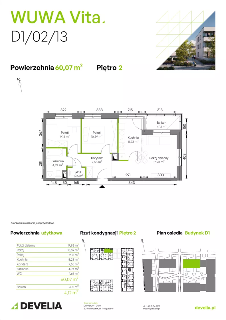 3 pokoje, mieszkanie 60,07 m², piętro 2, oferta nr D1/02/13, WUWA Vita III, Wrocław, Żerniki, Fabryczna, ul. Maya