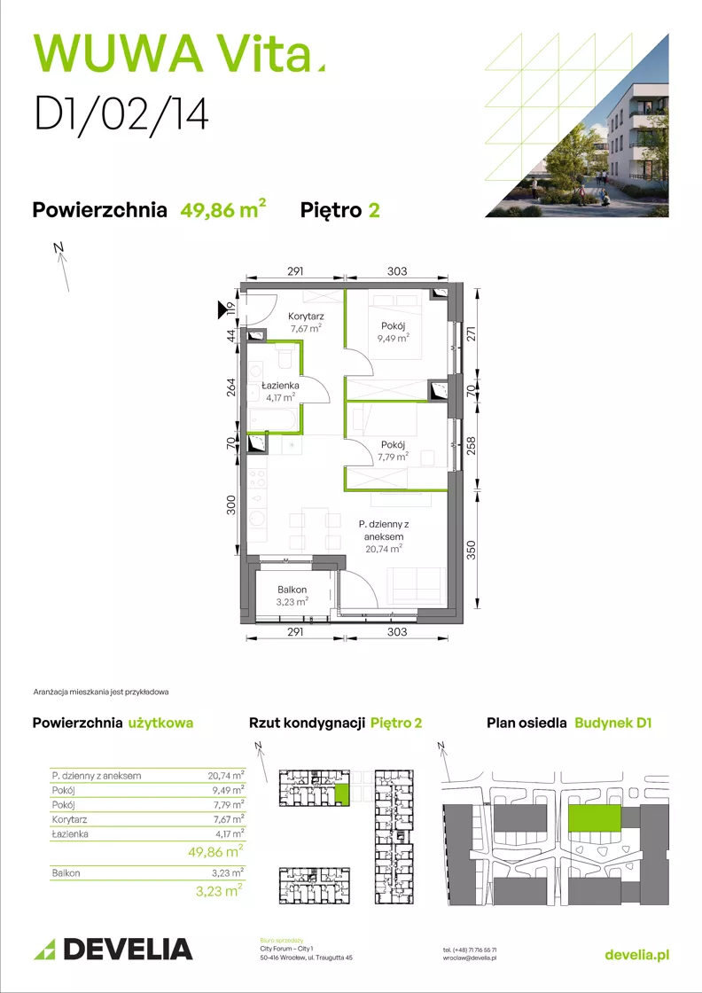 3 pokoje, mieszkanie 49,86 m², piętro 2, oferta nr D1/02/14, WUWA Vita III, Wrocław, Żerniki, Fabryczna, ul. Maya