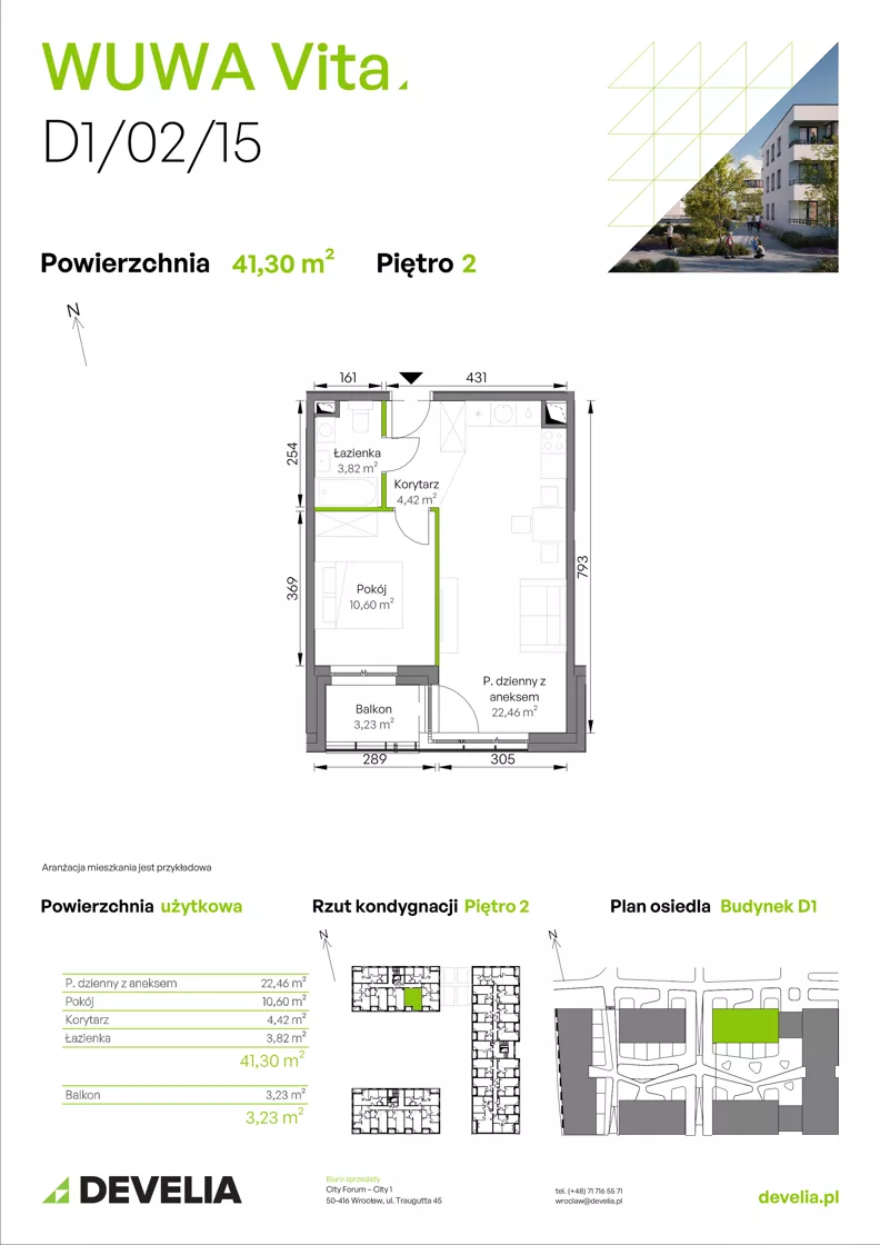 2 pokoje, mieszkanie 41,30 m², piętro 2, oferta nr D1/02/15, WUWA Vita III, Wrocław, Żerniki, Fabryczna, ul. Maya