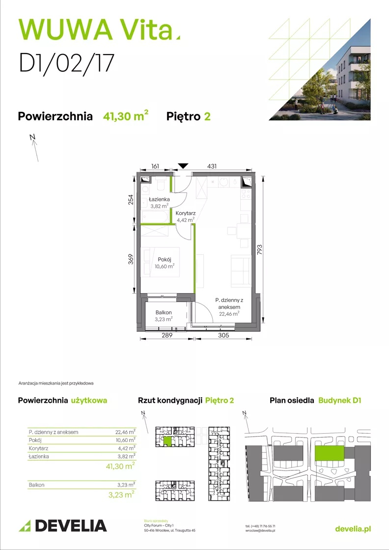 2 pokoje, mieszkanie 41,30 m², piętro 2, oferta nr D1/02/17, WUWA Vita III, Wrocław, Żerniki, Fabryczna, ul. Maya