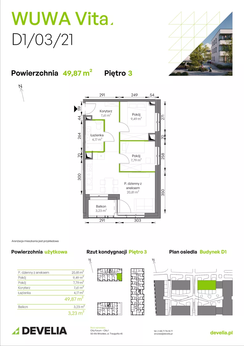 3 pokoje, mieszkanie 49,87 m², piętro 3, oferta nr D1/03/21, WUWA Vita III, Wrocław, Żerniki, Fabryczna, ul. Maya