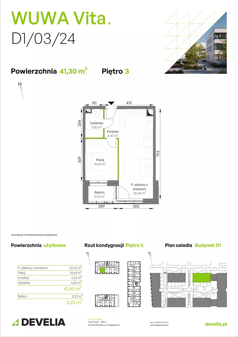 2 pokoje, mieszkanie 41,30 m², piętro 3, oferta nr D1/03/24, WUWA Vita III, Wrocław, Żerniki, Fabryczna, ul. Maya