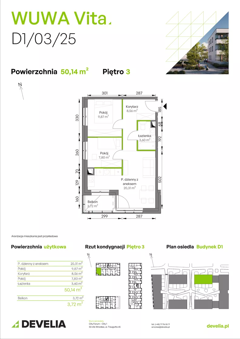 3 pokoje, mieszkanie 50,14 m², piętro 3, oferta nr D1/03/25, WUWA Vita III, Wrocław, Żerniki, Fabryczna, ul. Maya