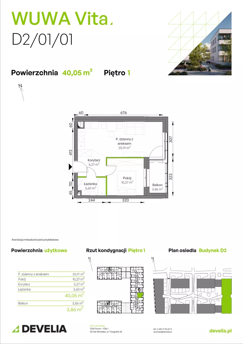 2 pokoje, mieszkanie 40,05 m², piętro 1, oferta nr D2/01/01, WUWA Vita III, Wrocław, Żerniki, Fabryczna, ul. Maya