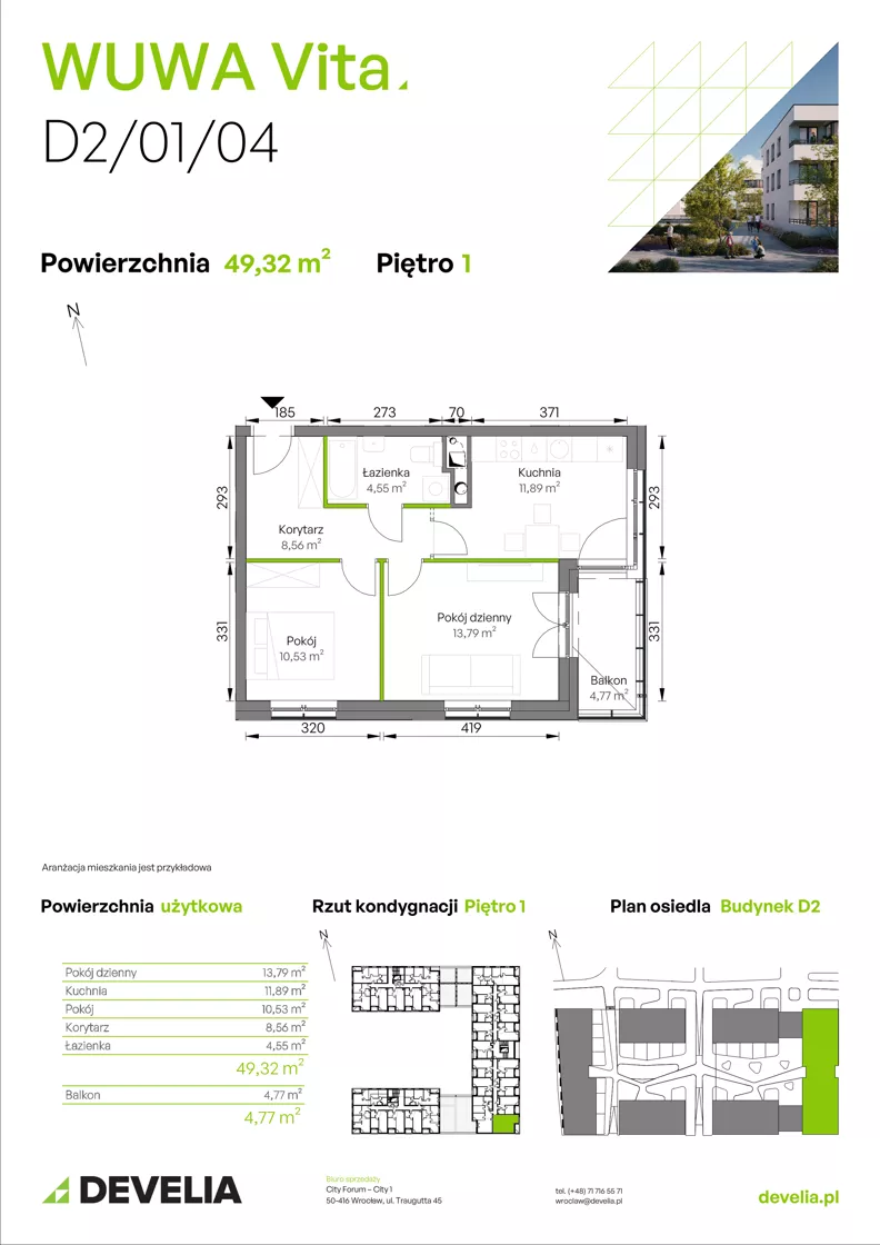 2 pokoje, mieszkanie 49,32 m², piętro 1, oferta nr D2/01/04, WUWA Vita III, Wrocław, Żerniki, Fabryczna, ul. Maya