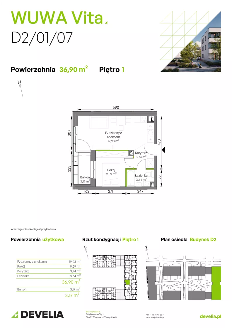 2 pokoje, mieszkanie 36,90 m², piętro 1, oferta nr D2/01/07, WUWA Vita III, Wrocław, Żerniki, Fabryczna, ul. Maya