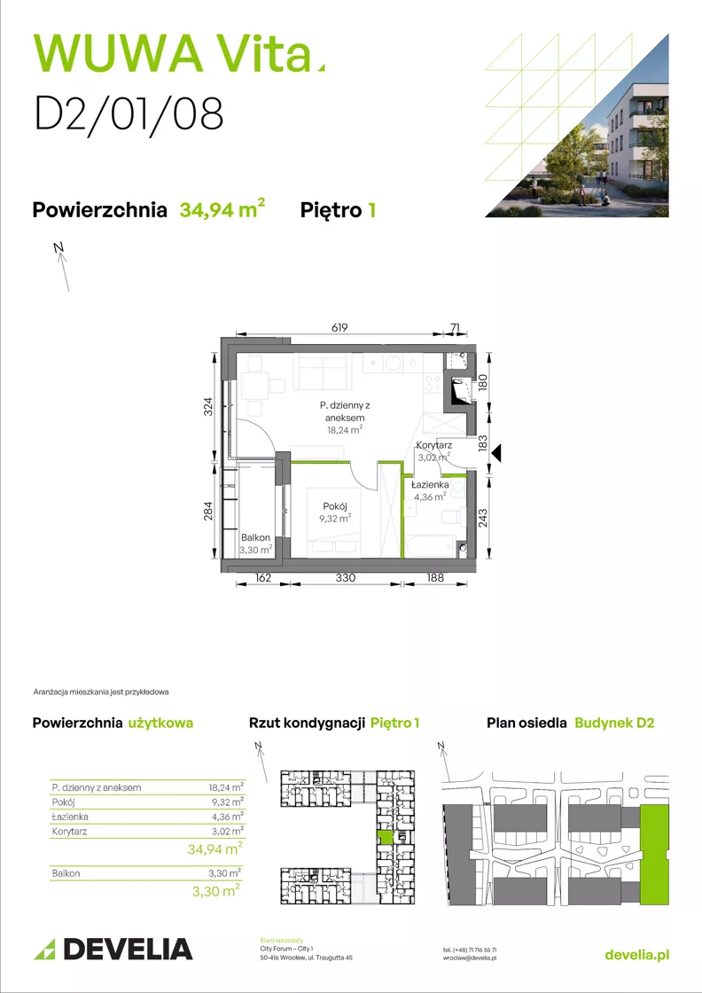 2 pokoje, mieszkanie 34,94 m², piętro 1, oferta nr D2/01/08, WUWA Vita III, Wrocław, Żerniki, Fabryczna, ul. Maya