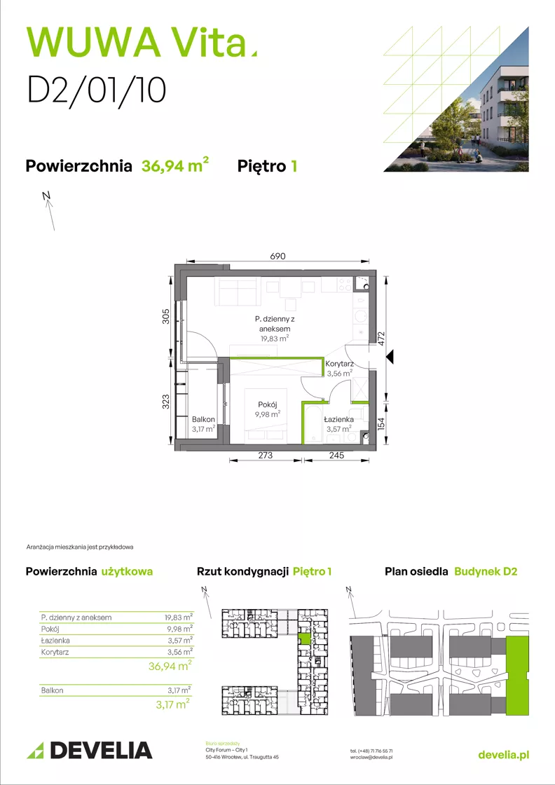 2 pokoje, mieszkanie 36,94 m², piętro 1, oferta nr D2/01/10, WUWA Vita III, Wrocław, Żerniki, Fabryczna, ul. Maya