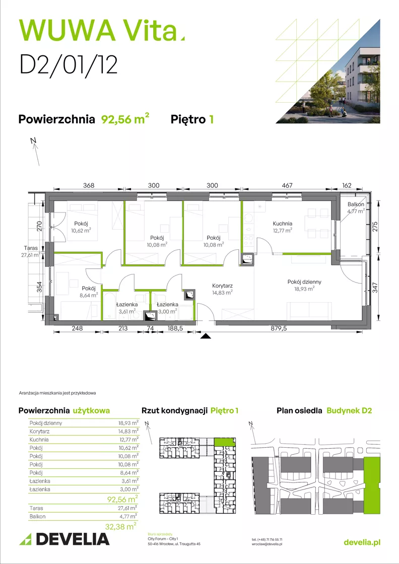 5 pokoi, mieszkanie 92,56 m², piętro 1, oferta nr D2/01/12, WUWA Vita III, Wrocław, Żerniki, Fabryczna, ul. Maya