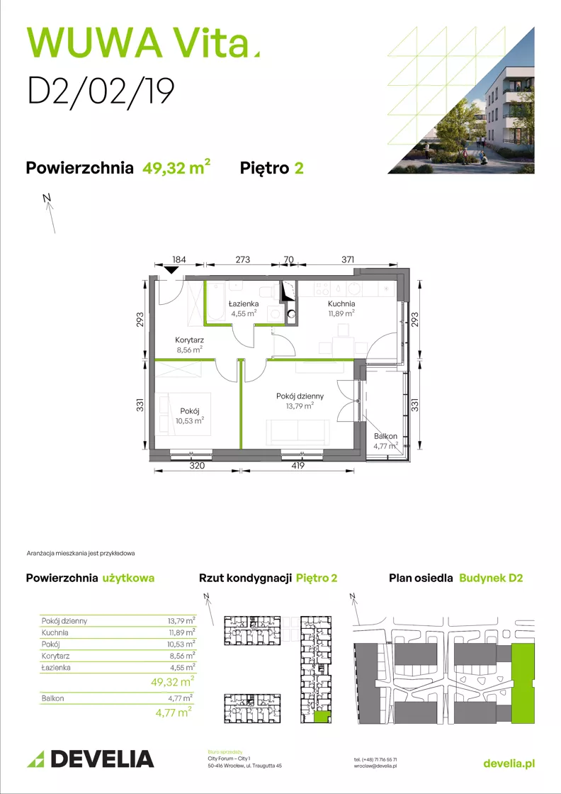 2 pokoje, mieszkanie 49,32 m², piętro 2, oferta nr D2/02/19, WUWA Vita III, Wrocław, Żerniki, Fabryczna, ul. Maya