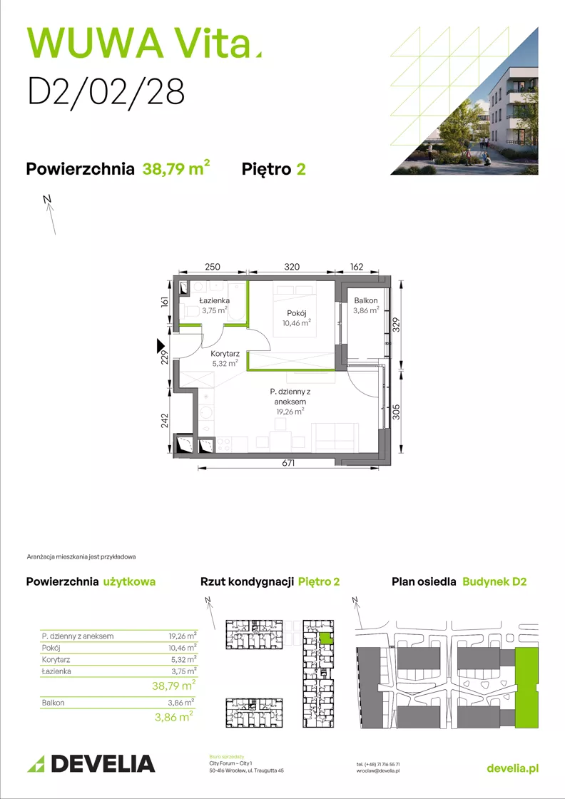 2 pokoje, mieszkanie 38,79 m², piętro 2, oferta nr D2/02/28, WUWA Vita III, Wrocław, Żerniki, Fabryczna, ul. Maya