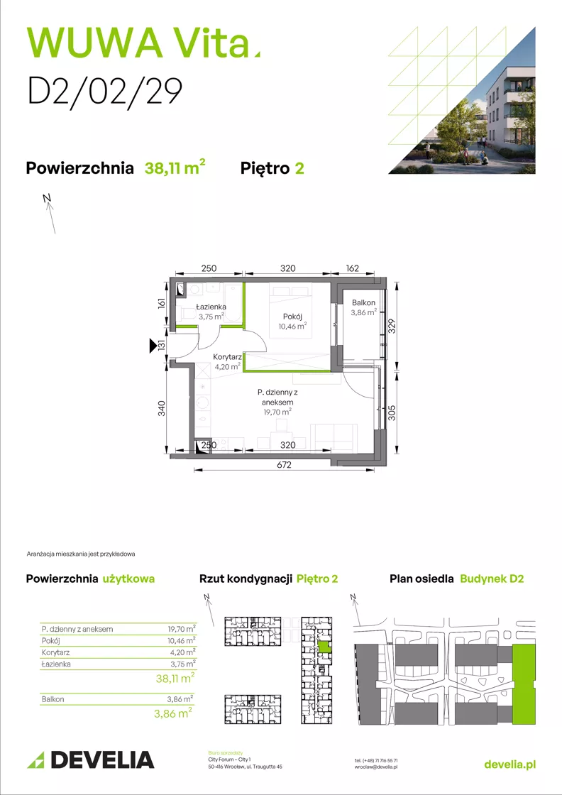 2 pokoje, mieszkanie 38,11 m², piętro 2, oferta nr D2/02/29, WUWA Vita III, Wrocław, Żerniki, Fabryczna, ul. Maya