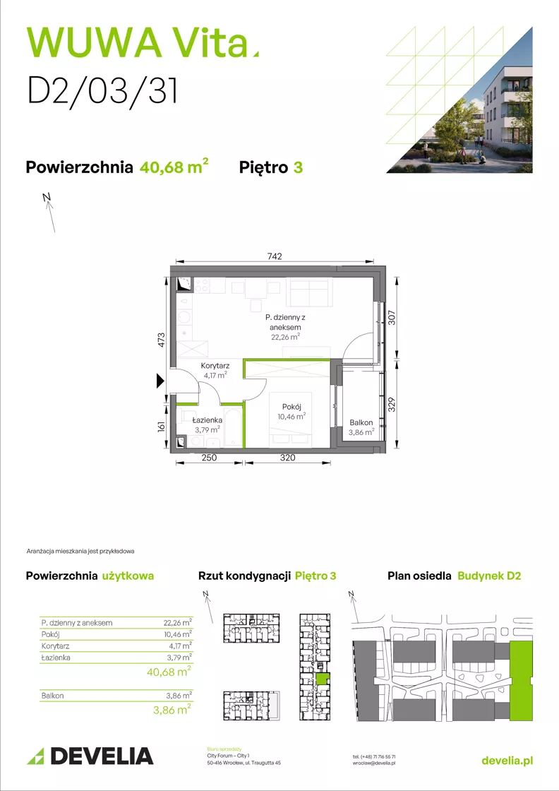 2 pokoje, mieszkanie 40,68 m², piętro 3, oferta nr D2/03/31, WUWA Vita III, Wrocław, Żerniki, Fabryczna, ul. Maya