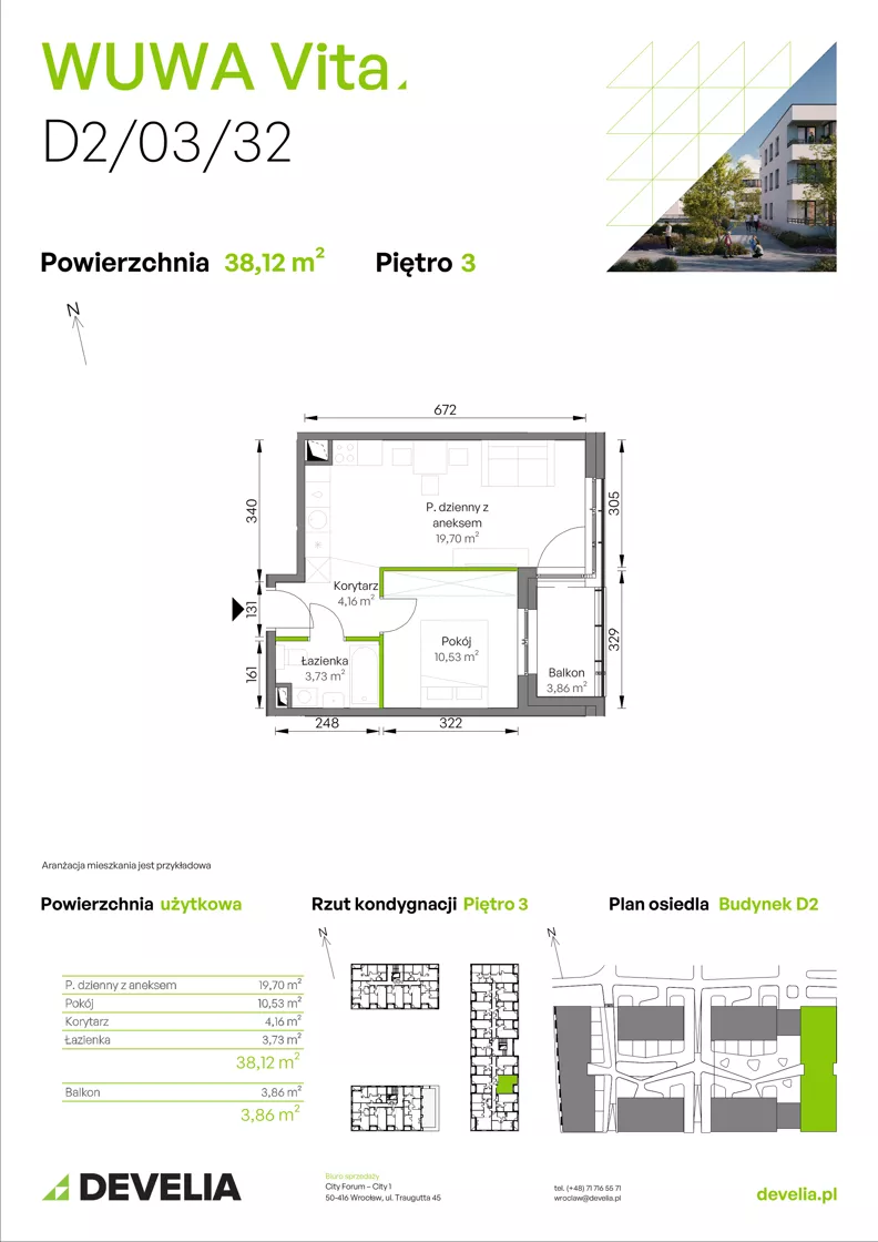 2 pokoje, mieszkanie 38,12 m², piętro 3, oferta nr D2/03/32, WUWA Vita III, Wrocław, Żerniki, Fabryczna, ul. Maya