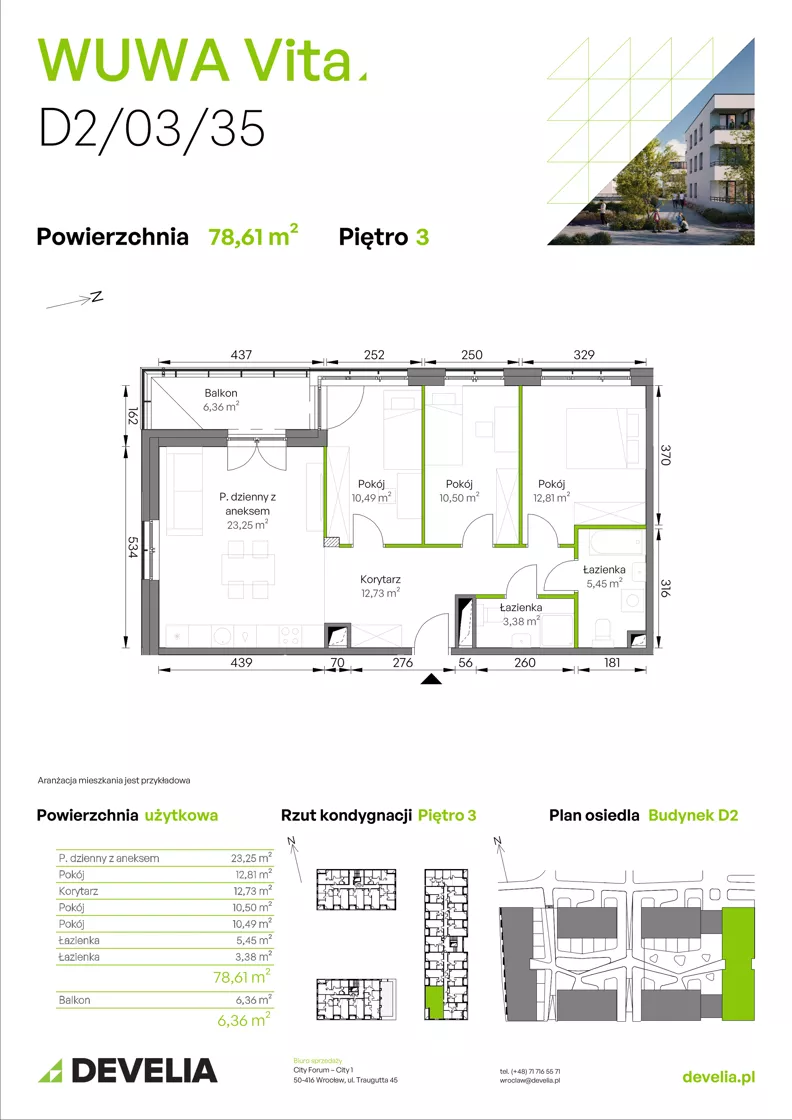 4 pokoje, mieszkanie 78,61 m², piętro 3, oferta nr D2/03/35, WUWA Vita III, Wrocław, Żerniki, Fabryczna, ul. Maya