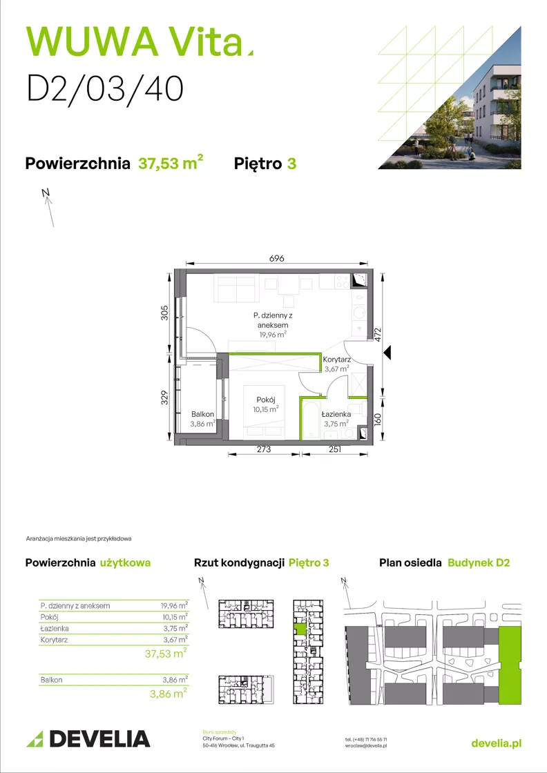 2 pokoje, mieszkanie 37,53 m², piętro 3, oferta nr D2/03/40, WUWA Vita III, Wrocław, Żerniki, Fabryczna, ul. Maya