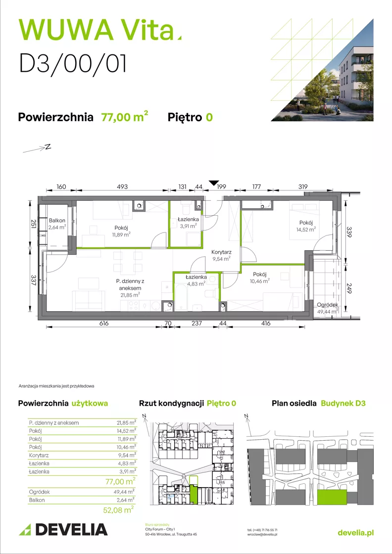 4 pokoje, mieszkanie 77,00 m², parter, oferta nr D3/00/01, WUWA Vita III, Wrocław, Żerniki, Fabryczna, ul. Maya