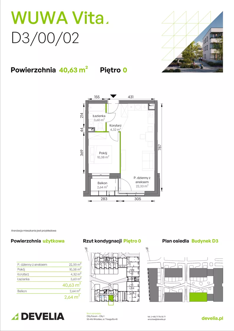 2 pokoje, mieszkanie 40,63 m², parter, oferta nr D3/00/02, WUWA Vita III, Wrocław, Żerniki, Fabryczna, ul. Maya