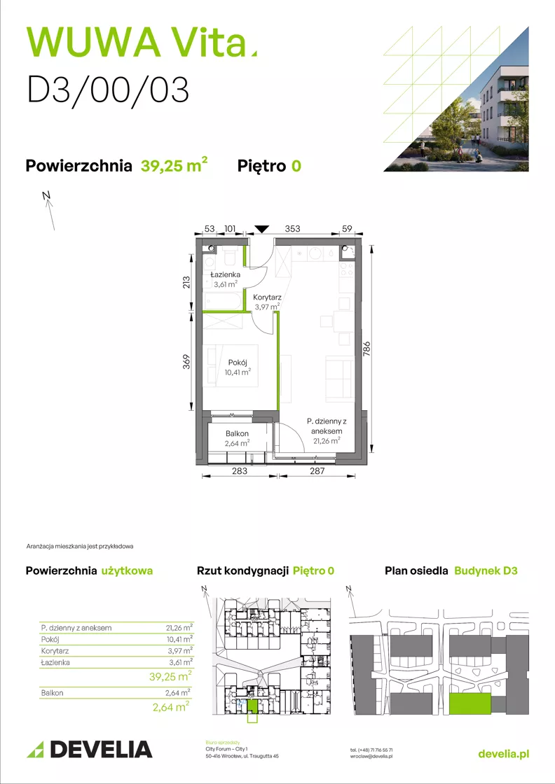 2 pokoje, mieszkanie 39,25 m², parter, oferta nr D3/00/03, WUWA Vita III, Wrocław, Żerniki, Fabryczna, ul. Maya