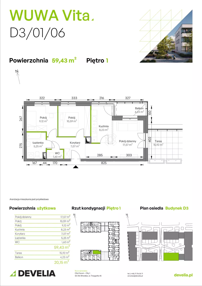 3 pokoje, mieszkanie 59,43 m², piętro 1, oferta nr D3/01/06, WUWA Vita III, Wrocław, Żerniki, Fabryczna, ul. Maya