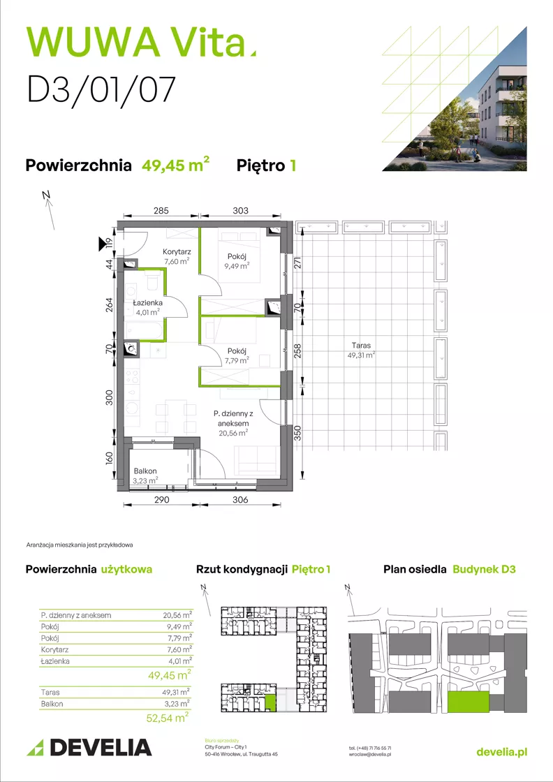 3 pokoje, mieszkanie 49,45 m², piętro 1, oferta nr D3/01/07, WUWA Vita III, Wrocław, Żerniki, Fabryczna, ul. Maya