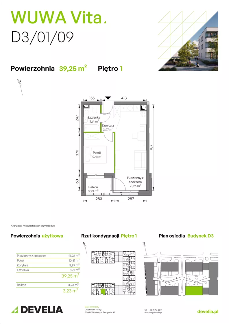 2 pokoje, mieszkanie 39,25 m², piętro 1, oferta nr D3/01/09, WUWA Vita III, Wrocław, Żerniki, Fabryczna, ul. Maya