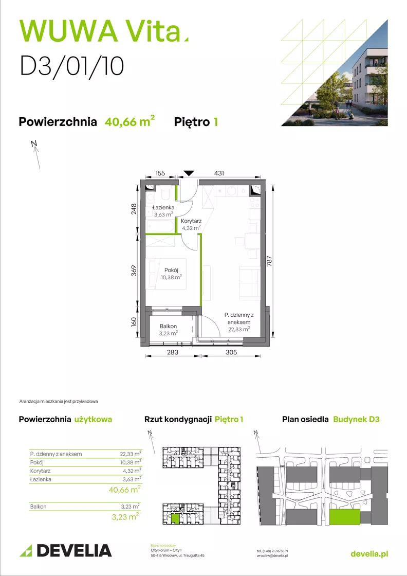 2 pokoje, mieszkanie 40,66 m², piętro 1, oferta nr D3/01/10, WUWA Vita III, Wrocław, Żerniki, Fabryczna, ul. Maya